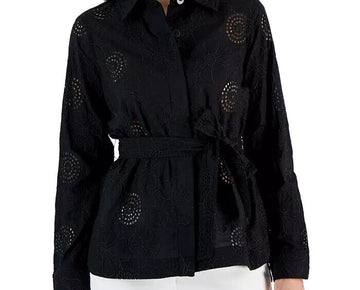 Tahari ASL Women's Cotton Floral Eyelet Tie-Waist Shacket BLACK Size 6 MSRP $99