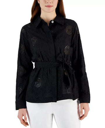Tahari ASL Women's Cotton Floral Eyelet Tie-Waist Shacket BLACK Size 4 MSRP $99