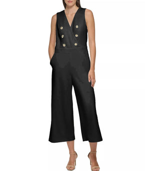 KARL LAGERFELD PARIS Women's Button-Detail Cropped Jumpsuit Black Size 16 $158