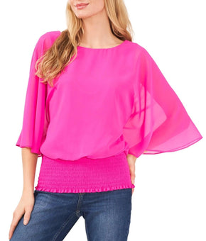 Sam And Jess Blouse Womens Size S Pink Chiffon Kimono Sleeve Smocked Hem $59