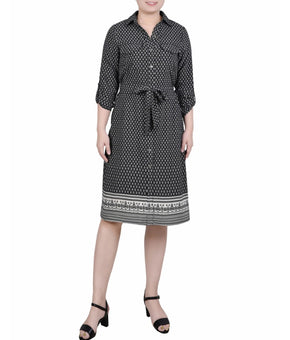 NY Collection Petite 3/4 Roll Tab Sleeve Belted Shirtdress Black Size PXL $54