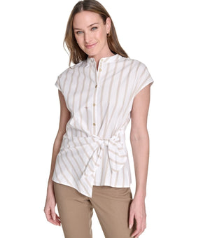 Tommy Hilfiger Womens Striped Side-Tie Cap-Sleeve Blouse Beige Size L $79