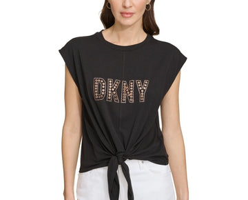 DKNY Women's Grommet-Logo Sleeveless Tie-Hem Top Black Size M MSRP $59