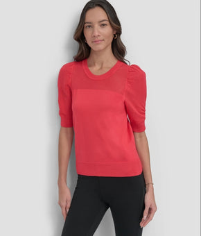 DKNY Women's Mesh Puff- Sleeve Rayon Sweater Watermelon Sugar Red Size S $79