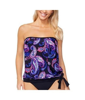 Island Escape Swim Top Womens Size 8 Black Paisley Bandeau Tankini Top