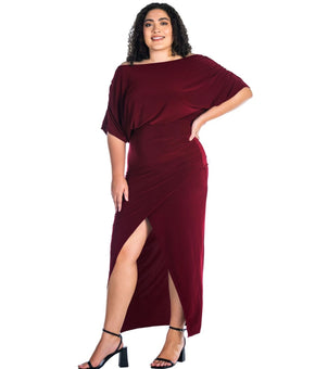 24seven Comfort Apparel Plus Size 3X Boat Neck Batwing Sleeve Maxi Dress Red