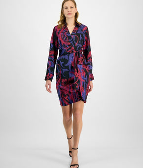 Tahari ASL Women's Printed Faux-Wrap Dress Black Blue Size 16 MSRP $139