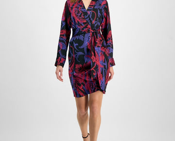 Tahari ASL Women's Printed Faux-Wrap Dress Black Blue Size 16 MSRP $139