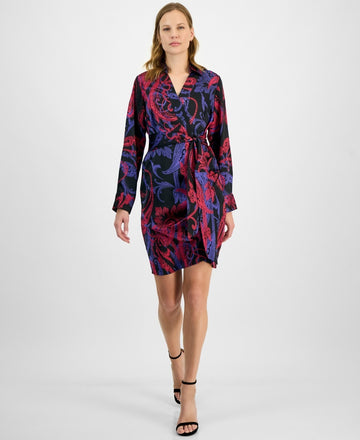 Tahari ASL Women's Printed Faux-Wrap Dress Black Blue Size 16 MSRP $139