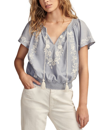 Lucky Brand Women's Embroidered Flutter-Sleeve Top Blue Size XL MSRP $90
