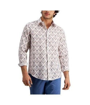 Club Room Luxury Shirt Men Size S White Linen Geometric Long Sleeve Button $60