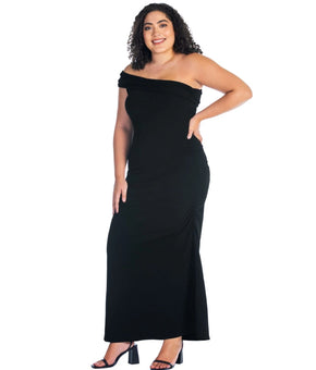 24seven Plus Size 2X Formal One Shoulder Ruched Mermaid Maxi Dress Black $79
