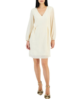 INC Women's Textured Chiffon Long-Sleeve Bow-Back Dress Ivory Size XL MSRP $79