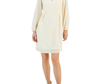 INC Women's Textured Chiffon Long-Sleeve Bow-Back Dress Ivory Size XL MSRP $79