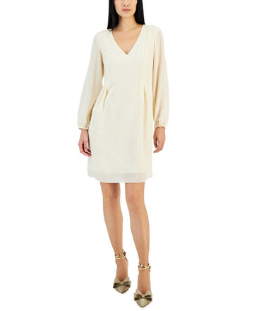 INC Women's Textured Chiffon Long-Sleeve Bow-Back Dress Ivory Size XL MSRP $79