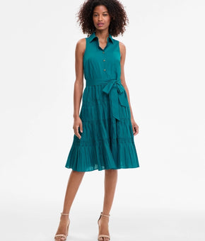 Anne Klein Women Sleeveless Pintuck Tie-Waist Midi Dress Teal Green Size 16 $159