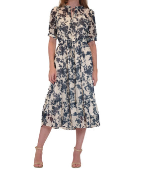 julia jordan Tie-Neck Short Sleeve Tiered Chiffon Dress Ivory Blue Size S $119