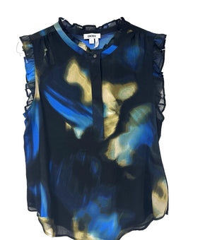 DKNY Women's NO SEAM RUFFLE Top Blouse Blue Black Size L MSRP $59