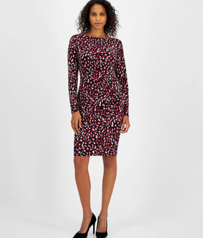 Kasper Women Printed Long-Sleeve Sheath Dress Red Black Petite Size PL MSRP $89