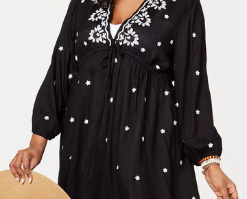 RAVIYA Plus Size Embroidered Long-Sleeve Cover-Up Dress Black 0X
