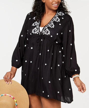 RAVIYA Plus Size Embroidered Long-Sleeve Cover-Up Dress Black 0X