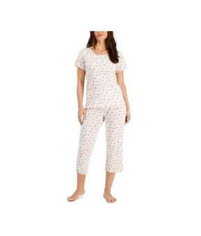 Charter Club Pajama Set Womens Size L White Roses Floral Cotton Capri Ruffle $60