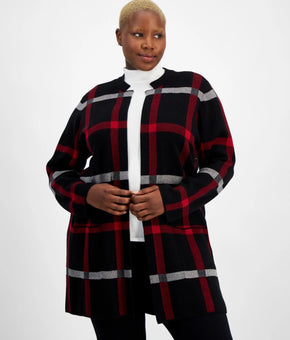 Kasper Windowpane-Print Open-Front Cardigan Red Black Plus Size 1X MSRP $129