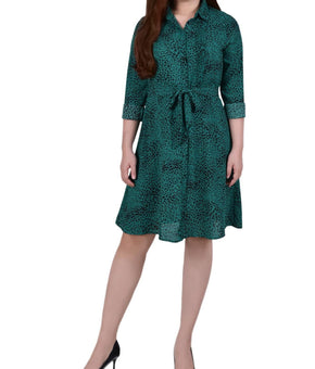 NY Collection Womens Petites Animal Print Short Shirtdress Size PM Green