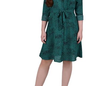 NY Collection Womens Petites Animal Print Short Shirtdress Size PM Green