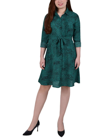 NY Collection Womens Petites Animal Print Short Shirtdress Size PM Green