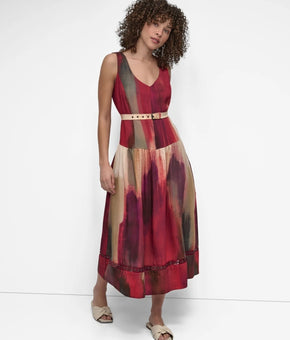DKNY Women's V-neck Removable Belt Abstract-Print Midi Dress Red Size 12 $159