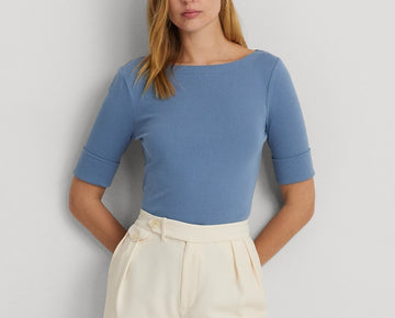 Lauren Ralph Lauren Petite Ribbed Elbow-Sleeve Tee Blue Size PXS MSRP $50