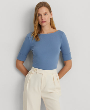 Lauren Ralph Lauren Petite Ribbed Elbow-Sleeve Tee Blue Size PXS MSRP $50
