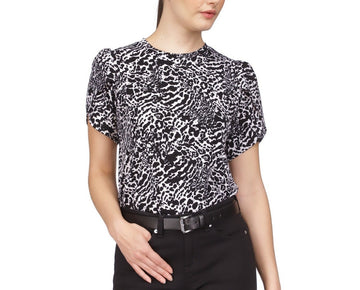 Michael Kors Women's Animal-Print Petal-Sleeve Top Black Size L MSRP $74
