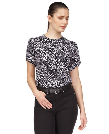 Michael Kors Women's Animal-Print Petal-Sleeve Top Black Size L MSRP $74