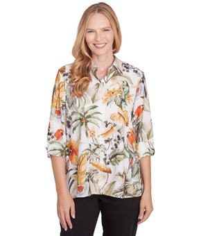 Alfred Dunner Womens Petite Tropical Bird Button Front Top Size PM Green