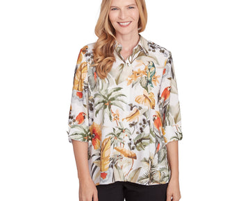 Alfred Dunner Womens Petite Tropical Bird Button Front Top Size PM Green