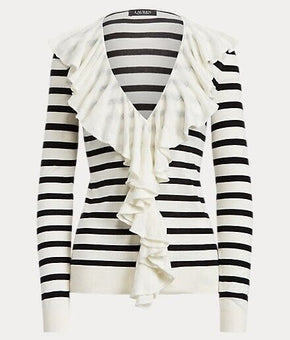 Lauren Ralph Lauren Women Striped Ruffled Cardigan Ivory Black Size S MSRP $125