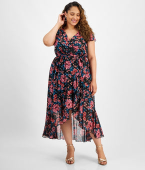 City Studios Floral Flutter-Sleeve Faux-Wrap Midi Dress Black Plus Size 2X $99