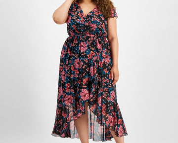 City Studios Floral Flutter-Sleeve Faux-Wrap Midi Dress Black Plus Size 2X $99