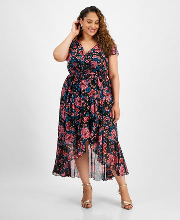 City Studios Floral Flutter-Sleeve Faux-Wrap Midi Dress Black Plus Size 2X $99