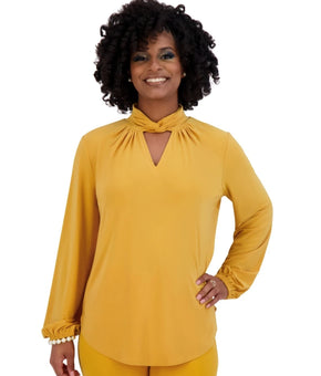 Kasper Women's Twisted Mock Neck Long-Sleeve Top Size L Yellow MSRP $69