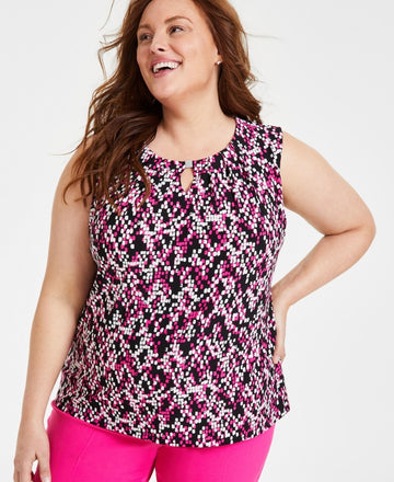 Kasper Plus Size Printed Keyhole Sleeveless Top Black Pink Size 3X MSRP $59