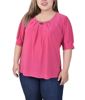 NY Collection Women Short Balloon Sleeve Top Hardware Granita Pink Plus Size 2X