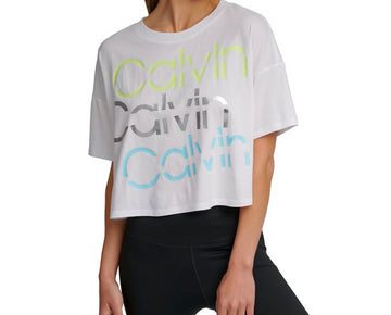 Calvin Klein Performance Sliced Logo Cropped TShirt Womens White Size L MSRP $40