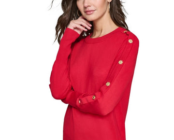 KARL LAGERFELD PARIS Women's Petite Button-Sleeve Sweater Red Size PM MSRP $89
