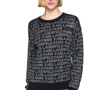KARL LAGERFELD PARIS Women Logo Signature Crewneck Sweater Black Size L MSRP $99