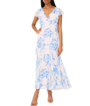 CeCe Women's Printed V-Neck Flutter-Sleeve Chiffon Dress Blue White Size 16 $119