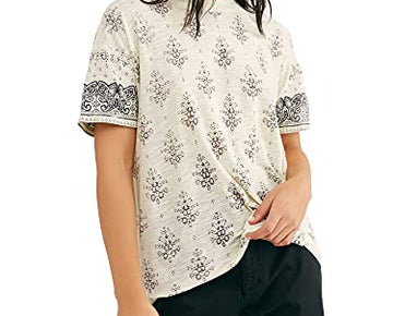 Free People We The Free Womens Yellow Printed Short Sleeve Ivory Top SIze XS