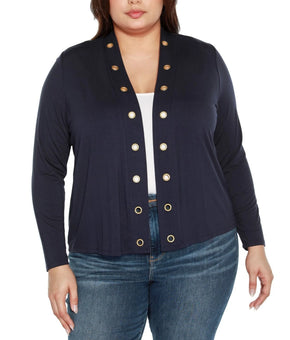 Belldini Plus Size 1X Grommet Detail Cropped Knit Cardigan Sweater Navy Blue $59
